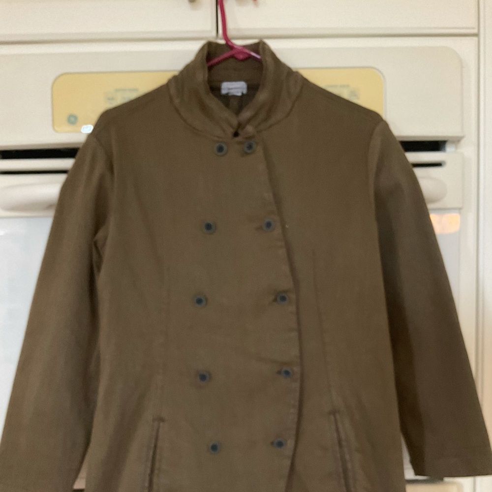 Brown jacket, casual wear, size M, but has stretchy material. Used.